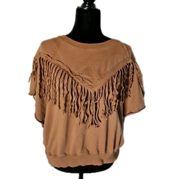 Chelsea DeBoer By Lily & Lottie Womens Tan Bristol Fringe Festival Boho Top M - Picture 2 of 11